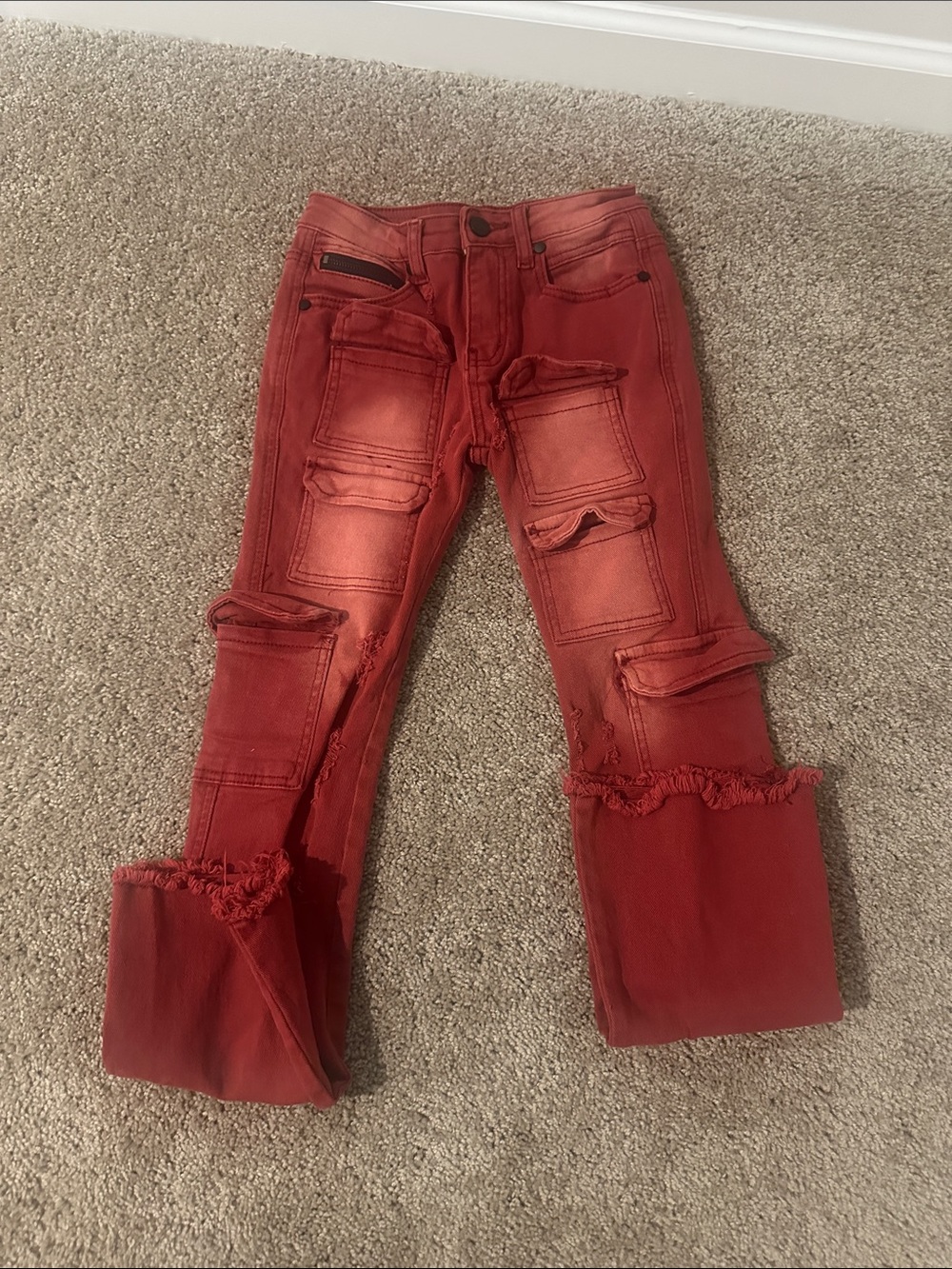 Kids Red Distressed Patchwork Jeans